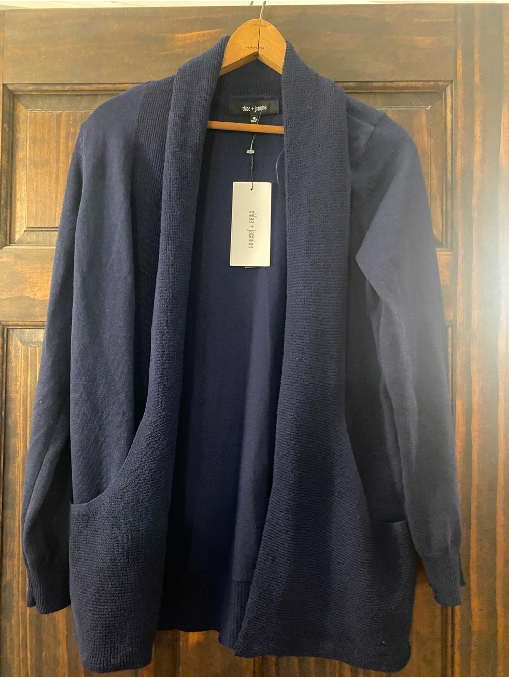 Chloe + jasmine Navy Open Shawl-Collar Cardigan Sweater